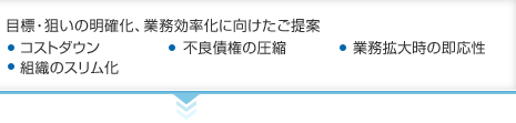 目標・狙いの明確化、業務効率化に向けたご提案　コストダウン、不良債権の圧縮、業務拡大時の即応性、組織のスリム化